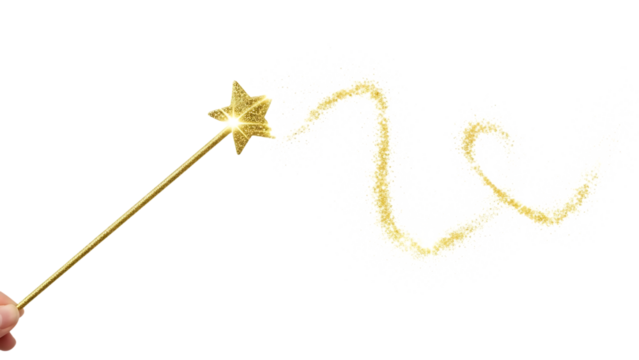 Hand holding a gold glitter star magic wand isolated on transparent background