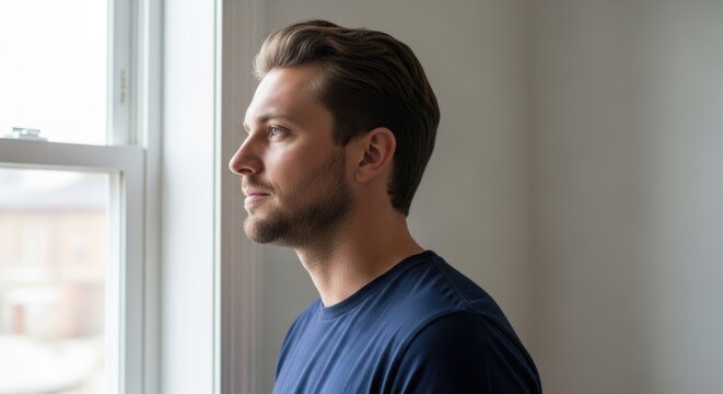 Young caucasian male looking out window in bright room reflecting - Powered by Adobe