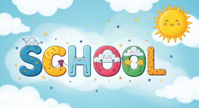 Cheerful Illustration of Colorful School Letters in Sky Background - Powered by Adobe