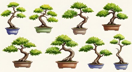 Assorted vibrant watercolor illustrations of bonsai trees in various ceramic pots