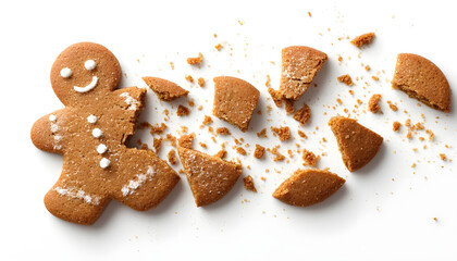 Gingerbread man cookie broken into two pieces, showing a clear separation with a transparent background