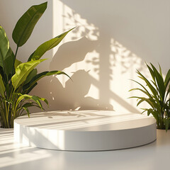 Minimalist Room Display Featuring Plants and a White Platform