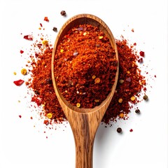 Wooden spoon brimming with vibrant red spice blend, scattered peppercorns and chili flakes