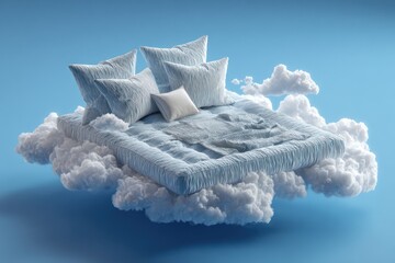 Surreal Floating Mattress Bed with Pillows Among Soft Clouds