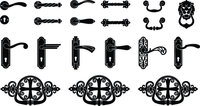 Ornate vintage door hardware collection featuring decorative handles knobs escutcheons plates lion head knockers for restoration and interior design projects