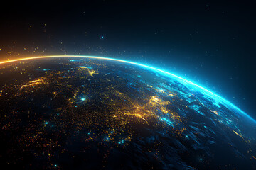 Obraz premium A stunning view of Earth from space, highlighting illuminated cities and a vibrant atmosphere against a dark cosmic background.