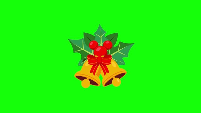 Christmas golden jingle bells with holly berries animation on green screen chroma key for holiday.