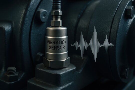 Close-up of a vibration sensor on industrial machinery, illustrating monitoring and diagnostics for maintenance. Concept of machine efficiency, predictive maintenance, and industrial technology.