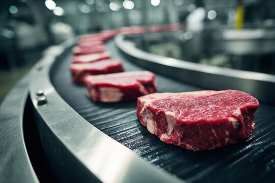 Sterile Environment: Raw Steaks Being Prepared for Packaging on Belt
