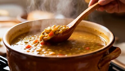 Steaming lentil stew in pot with wooden spoon, comfort food preparation. - Powered by Adobe