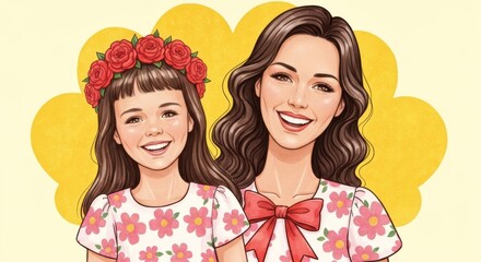 Joyful Mother and Daughter Illustration with Floral Patterns and Smiles