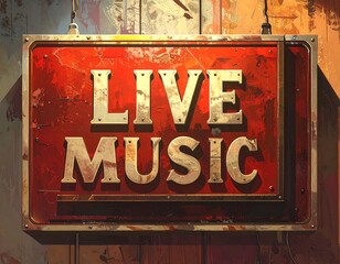 Vintage, red "Live Music" sign with worn texture hanging on a weathered, wood-panelled wall with overhead lighting