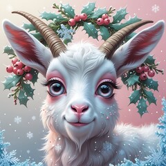 Whimsical big-eyed Christmas goat wearing a festive wreath, dreamy pastel winter fantasy art.