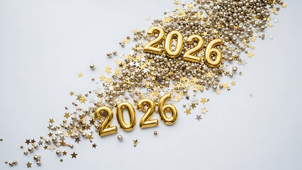 Golden 2026 numbers scattered amongst glitter and stars