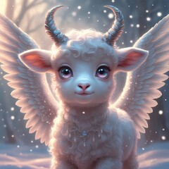 Cute surreal angel sheep with glowing wings and big glossy eyes, dreamy magical Christmas illustration.