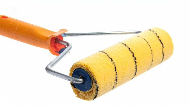 Close-up of a paint roller. Orange handle, metal frame, yellow sponge roller, black stripes