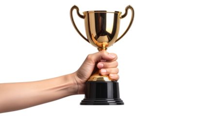Winning trophy held in hand isolated on white background, victory and achievement illustration, success symbol, championship award, motivational sports celebration PNG.