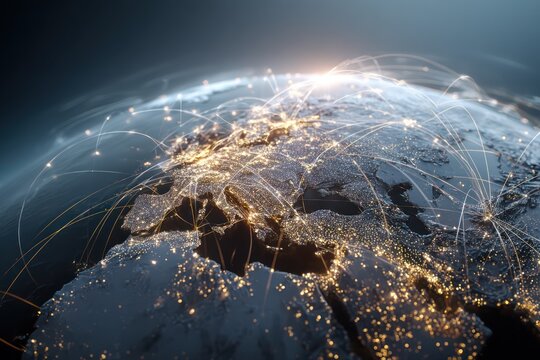 Interconnected Digital Network Showing Global Flight Paths