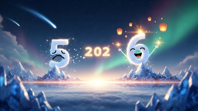 Conceptual New Year Transition: Woman Pushing the Old Year '2025' Into a Distant Past to Welcome the Bright Future '2026' in a Luminous Winter Landscape