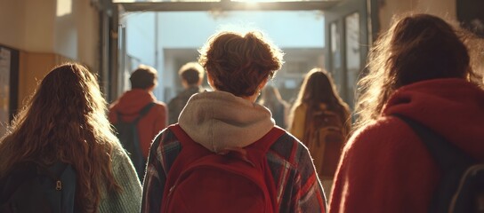 Students walk through a school hallway seen from behind Warm light highlights their backpacks and creates an atmospheric scene capturing everyday student life and the mood of a busy school morning