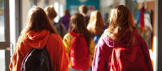 Students walk through a school hallway seen from behind Warm light highlights their backpacks and creates an atmospheric scene capturing everyday student life and the mood of a busy school morning
