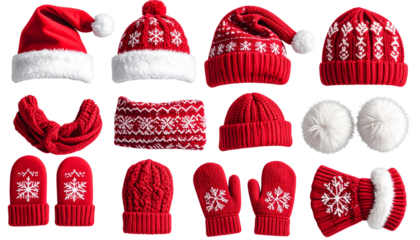 Christmas caps and scarves isolated on white background, festive winter accessories illustration, cozy holiday clothing set, warm seasonal fashion items PNG design.