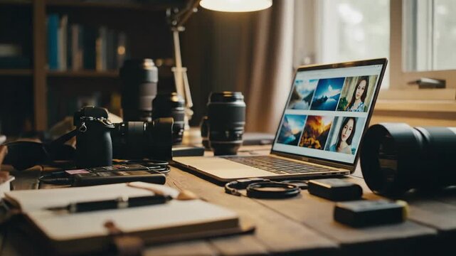 Inspiring Home Office Setup for Photographers: Laptop, Camera Gear, Coffee, and Notebook