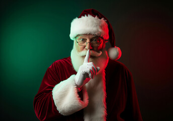 Santa Claus making shh gesture with finger on lips, looking secretive and mysterious, dramatic studio portrait with red and green lighting