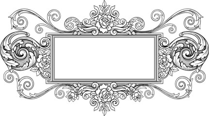 Ornate vintage rectangular frame, floral scrollwork, symmetrical embellishment, rose and leaf motif, elegant vector illustration, classical decorative design