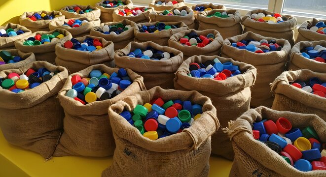 Assortment of colorful plastic bottle caps filling many burlap sacks indoors