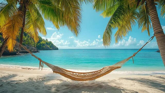 Tropical beach paradise with an empty hammock swaying between palm trees on white sand