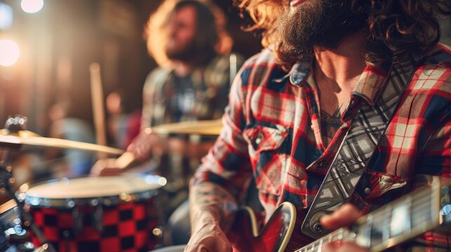 Close up of a rock band performing live on stage with guitarist, bassist, and drummer in action - Powered by Adobe