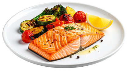 Salmon fillet isolated on white background, fresh seafood illustration, healthy protein-rich fish, cooking ingredient, tasty gourmet food PNG for recipes and menus.