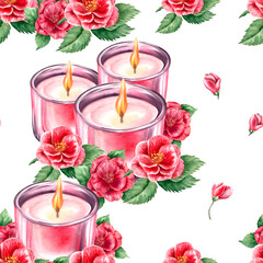 Watercolor burning candle with flowers seamless pattern on white background for fabric, textile, wrapping, branding,scrapbook, pink, for beauty salon, suitable for decor, festive, romantic and cute.
