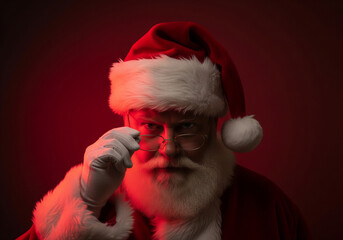 Serious Santa Claus peering over glasses with intense gaze, judging naughty or nice list in dramatic red studio lighting