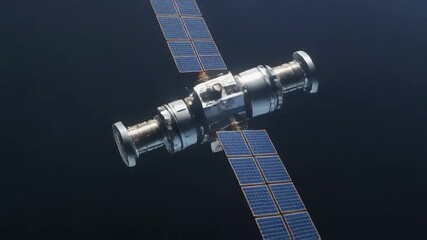 Robotic space station module with deployed solar arrays against deep space backdrop - Powered by Adobe