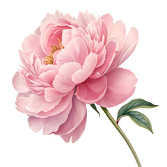 A close up of a light pink peony flower with a green stem and leaves on a white background
