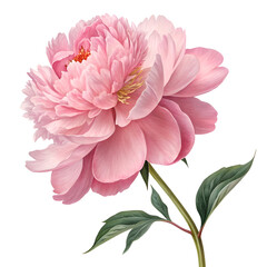 A single pink peony flower with a green stem and leaves isolated on a white background art piece