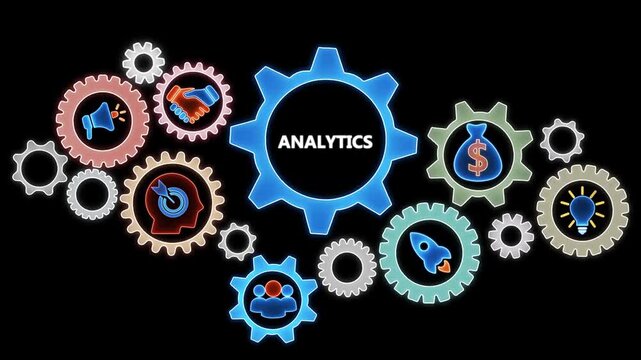Analytics gears connecting business strategy growth success innovation teamwork finance marketing launch idea development strategy execution