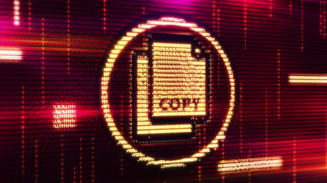 Copy icon on screen with glitch effect and source code - Powered by Adobe