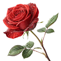 Close up of a red rose with water droplets on the petals and green leaves on a white background