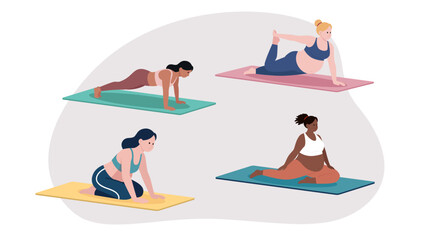 Four pregnant women performing different yoga poses on mats. Yoga for Pregnancy and Bieth.