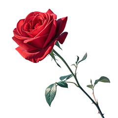 Close up of a single red rose with green leaves and stem against a white background studio shot