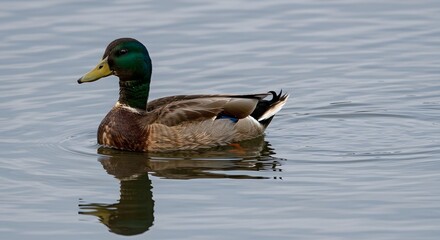 A male duck with iridescent green head floats gracefully on tranquil water, serene ambiance