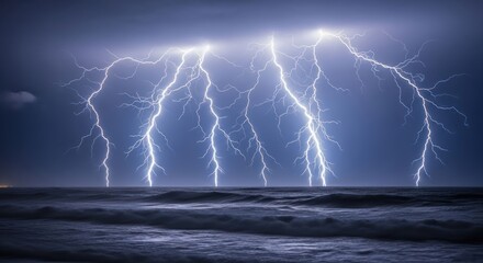 Dramatic lightning strikes over ocean water during a stormy night