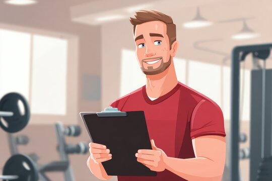 Portrait of Personal Trainer with Clipboard in Modern Gym