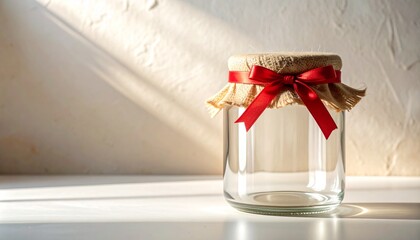 Empty Glass Jar with Burlap Lid and Red Ribbon for Custom Text Mockup


