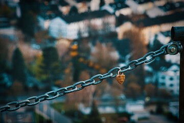 Golden heart-shaped love lock secured on a metal chain with a blurred cityscape background