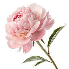 Isolated single light pink peony flower with green stem and leaves on a white background view