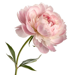 A single pink peony blossom with a green stem and leaves against a white background studio shot
